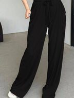 Solid Color Short Sleeve Crop Top Wide Leg Pants Set (12)