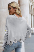Flower Distressed Ribbed Trim Sweater (2)