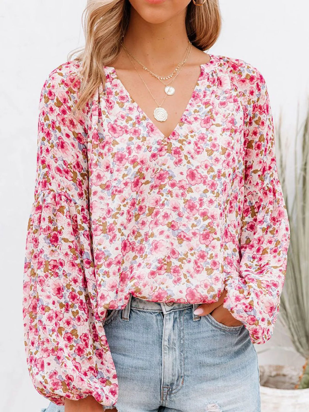 Full Size Floral Print V-neck Long Sleeve Blouse Plus (5)