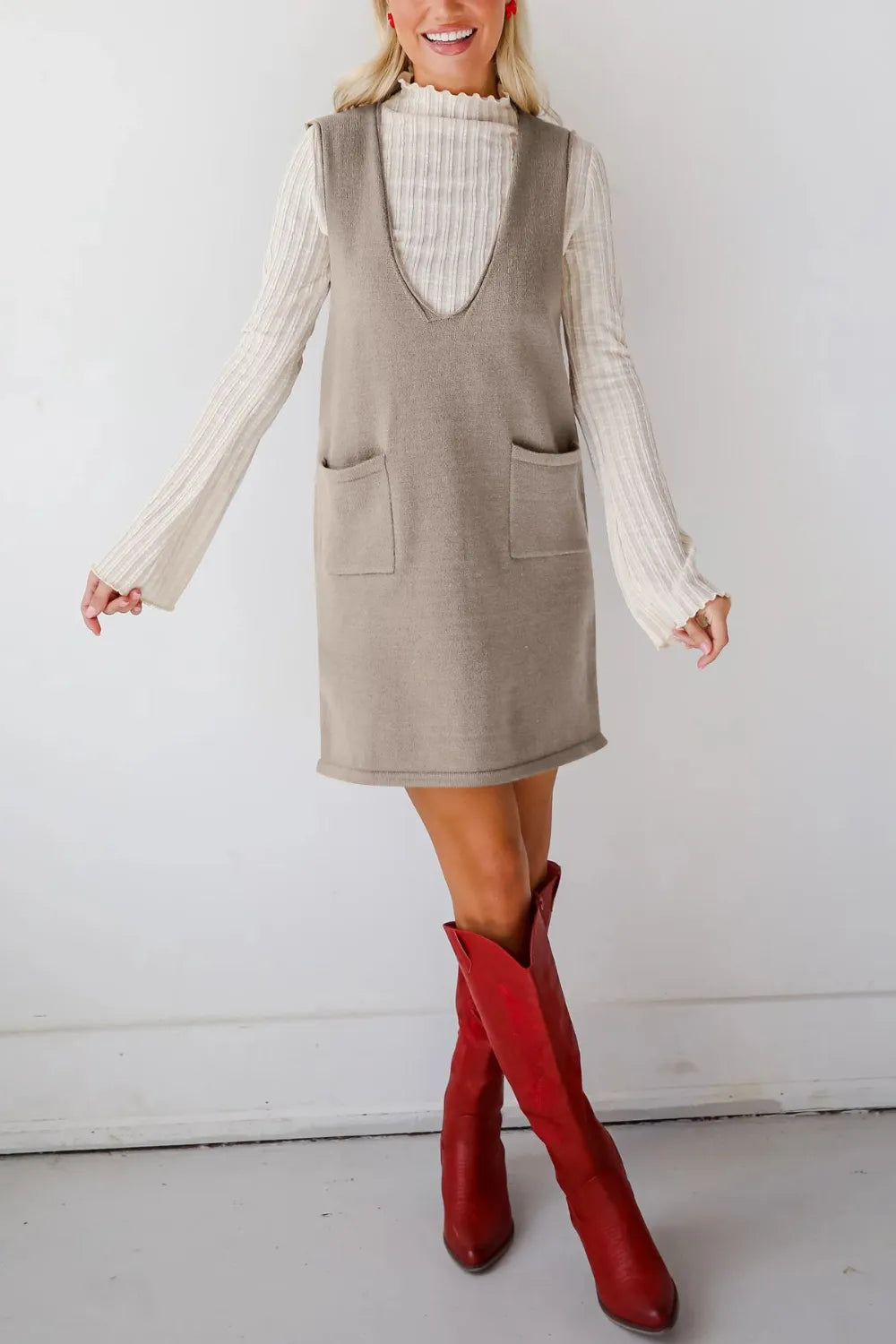 Pocketed V-neck Mini Sweater Overall Dress (18)