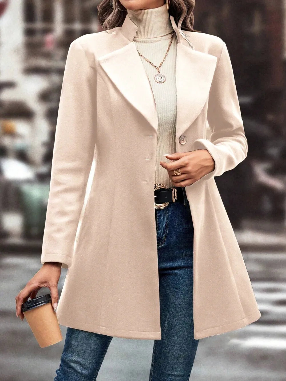 Collared Neck Long Sleeve Longline Coat (9)