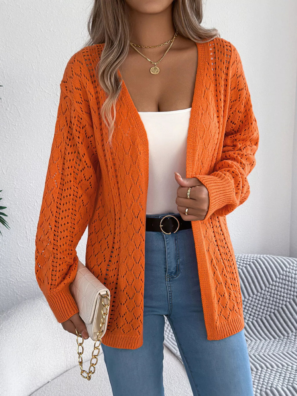 Openwork Open-front Long Sleeve Cardigan (5)