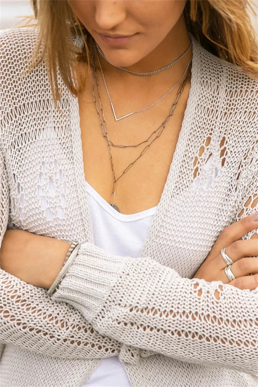 Openwork Side Slit Open Front Long Sleeve Cardigan (4)