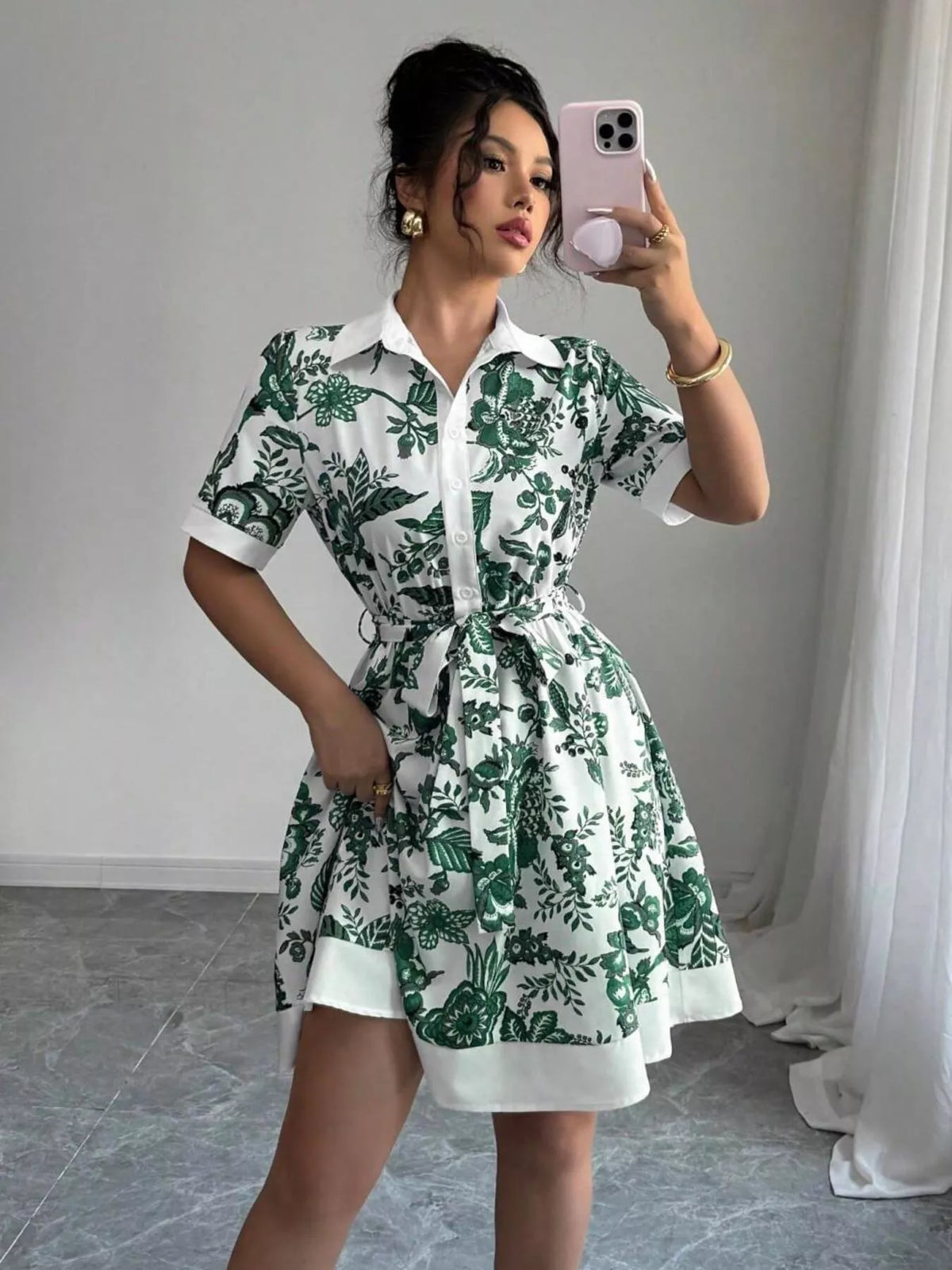 Floral Print Button-front Shirt Dress (9)