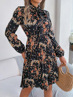 Pleated Printed Tie Neck Long Sleeve Dress (17)