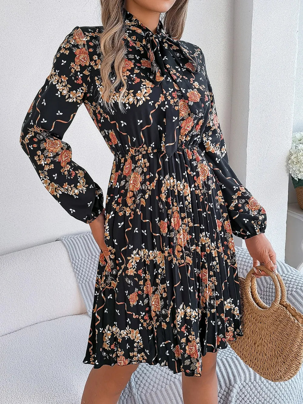 Pleated Printed Tie Neck Long Sleeve Dress (17)