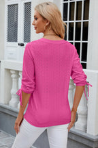Eyelet Drawstring V-neck Half Sleeve T-shirt (20)