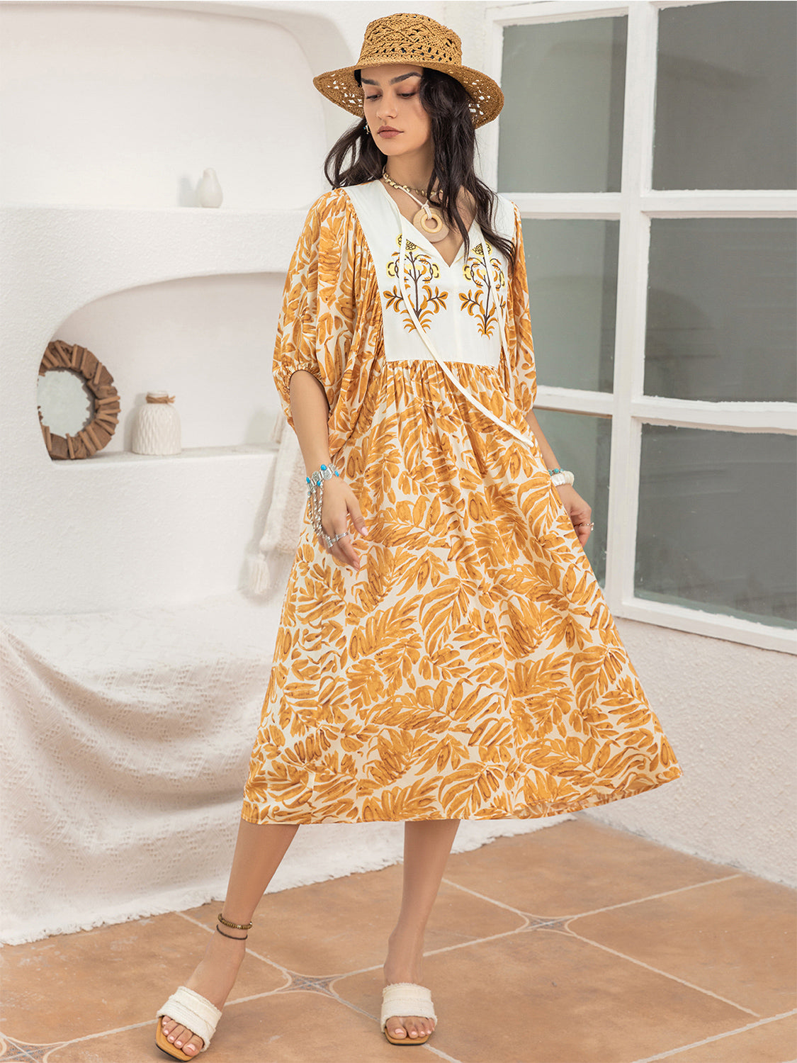 Printed Tie Neck Midi Dress (7)