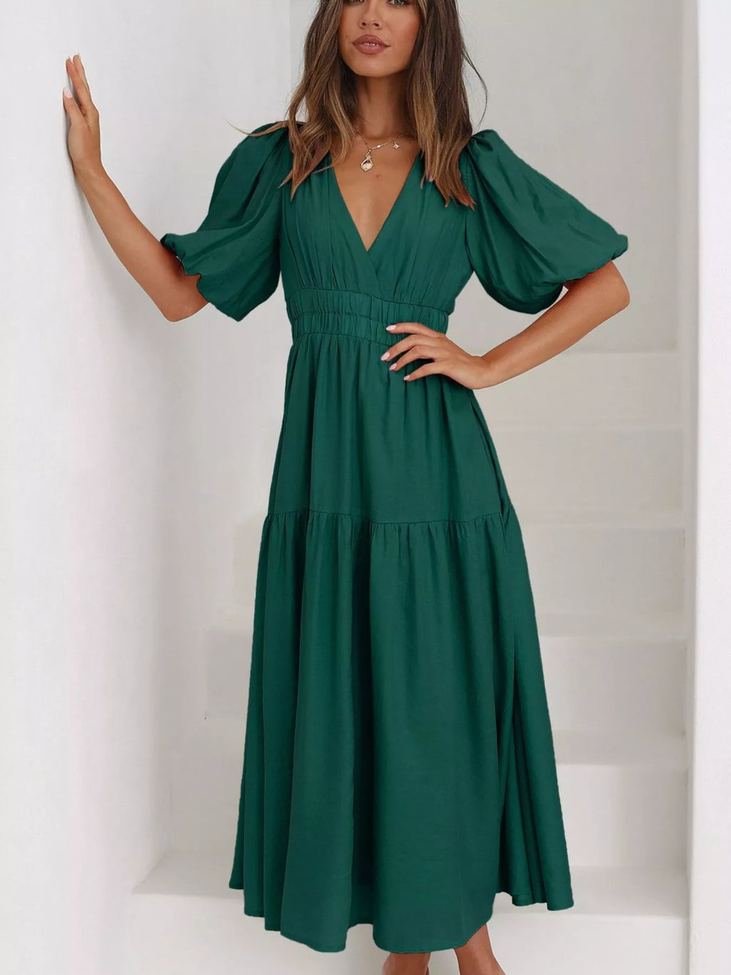 V-neck Puff Sleeve Midi Dress (28)