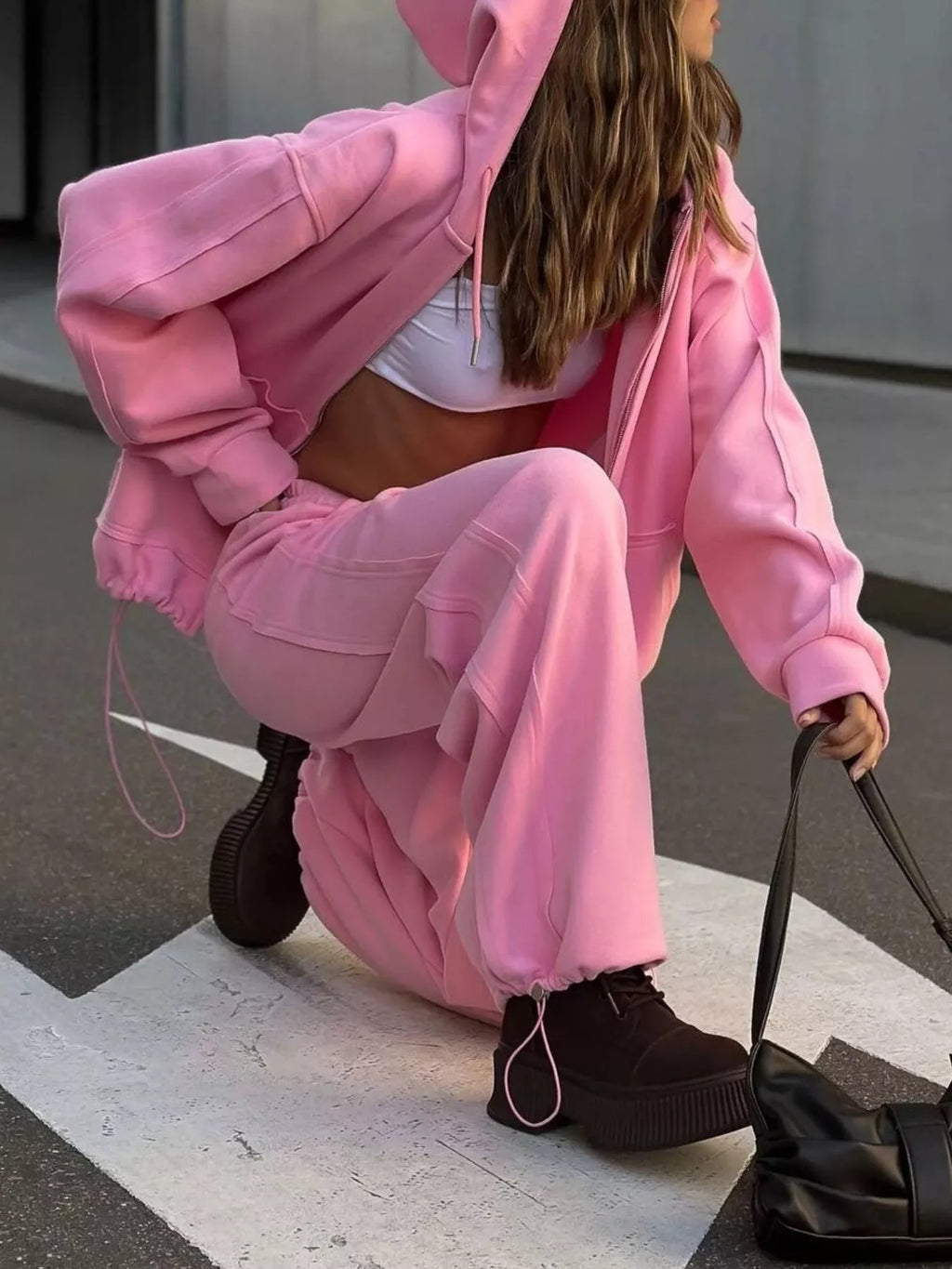 Oversized Zip-up Hoodie Wide-leg Pants Set (21)