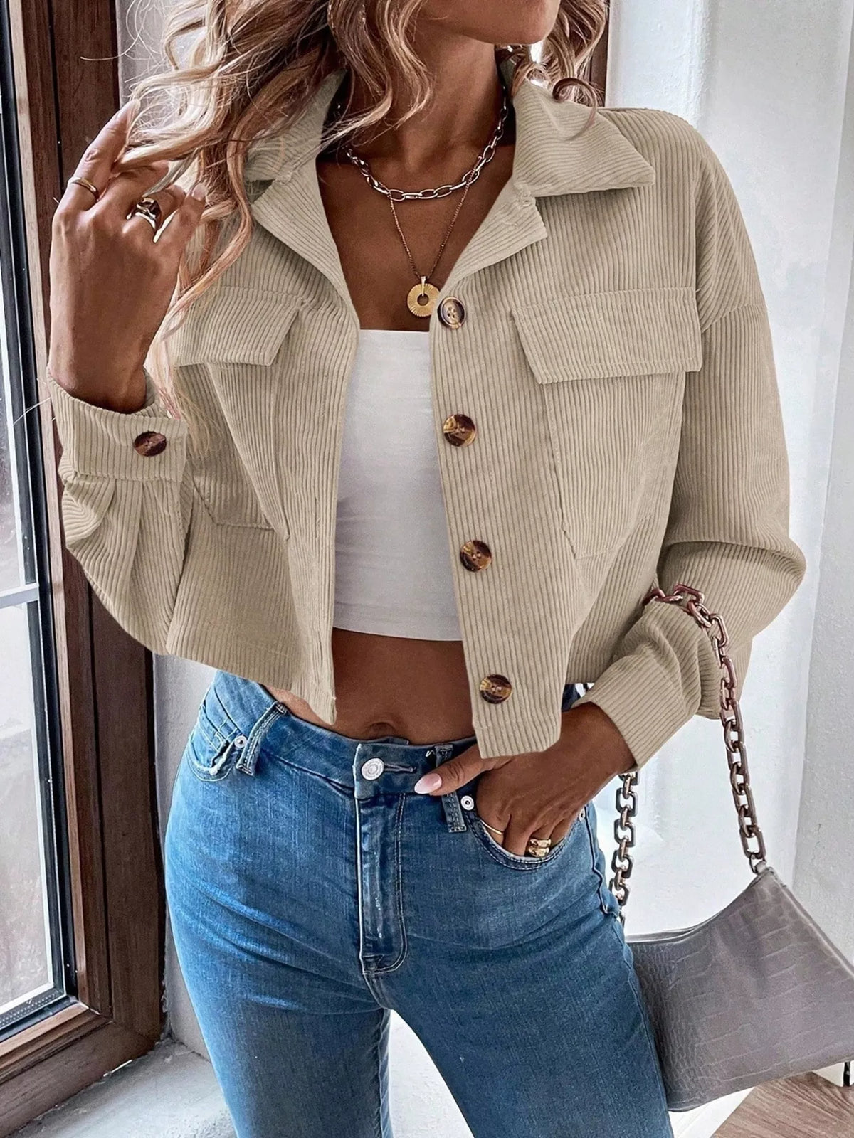 Cropped Corduroy Button-down Jacket (7)