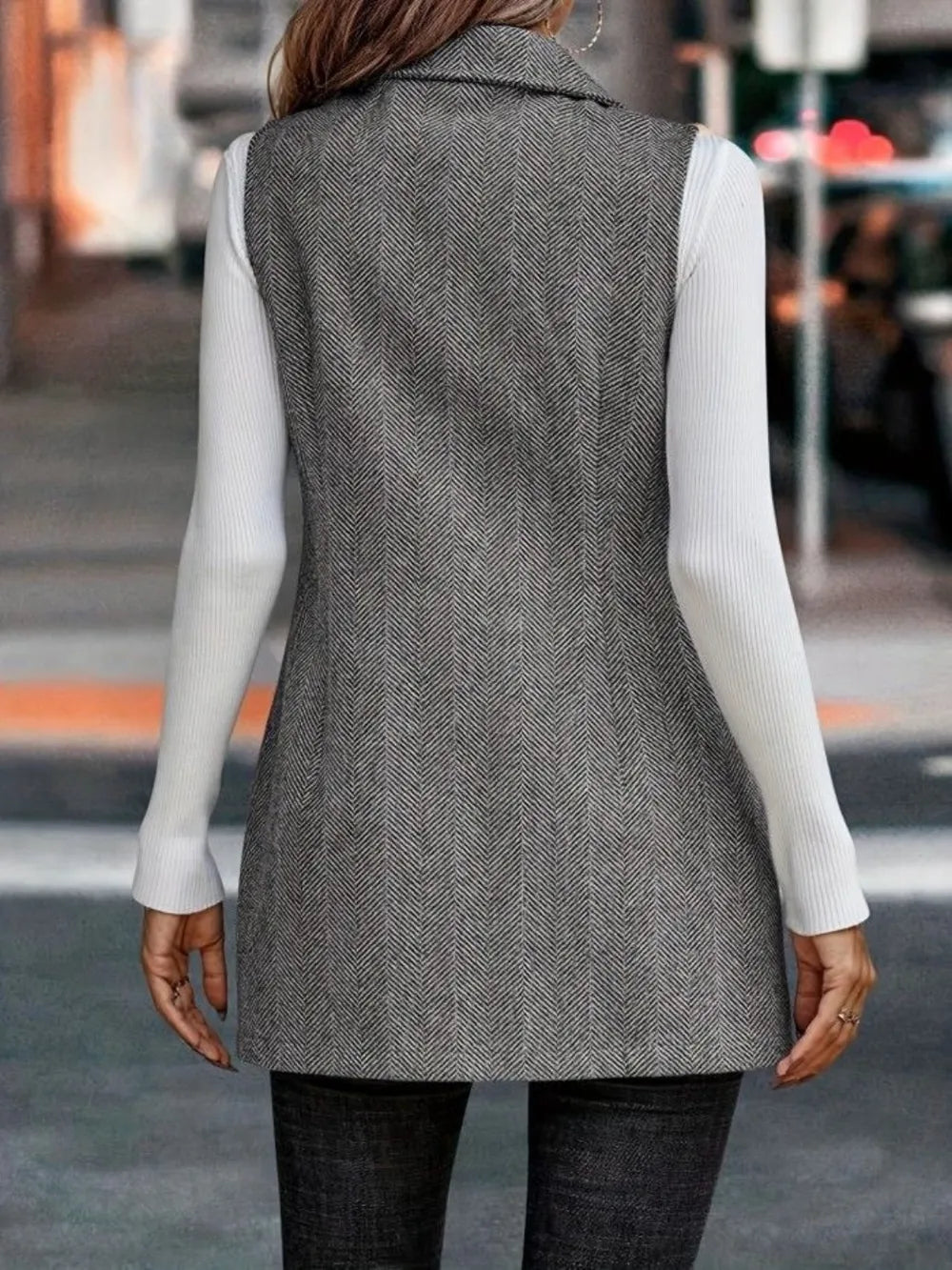 Buttoned Collared Neck Longline Vest Coat (5)