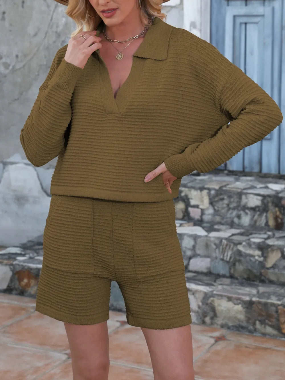 Johnny Collar Long Sleeve Top Shorts Sweater Set (16)