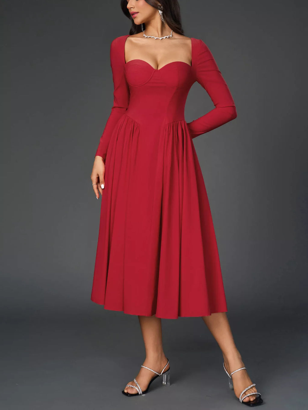 Sweetheart Neckline Long Sleeve A-line Midi Dress (6)