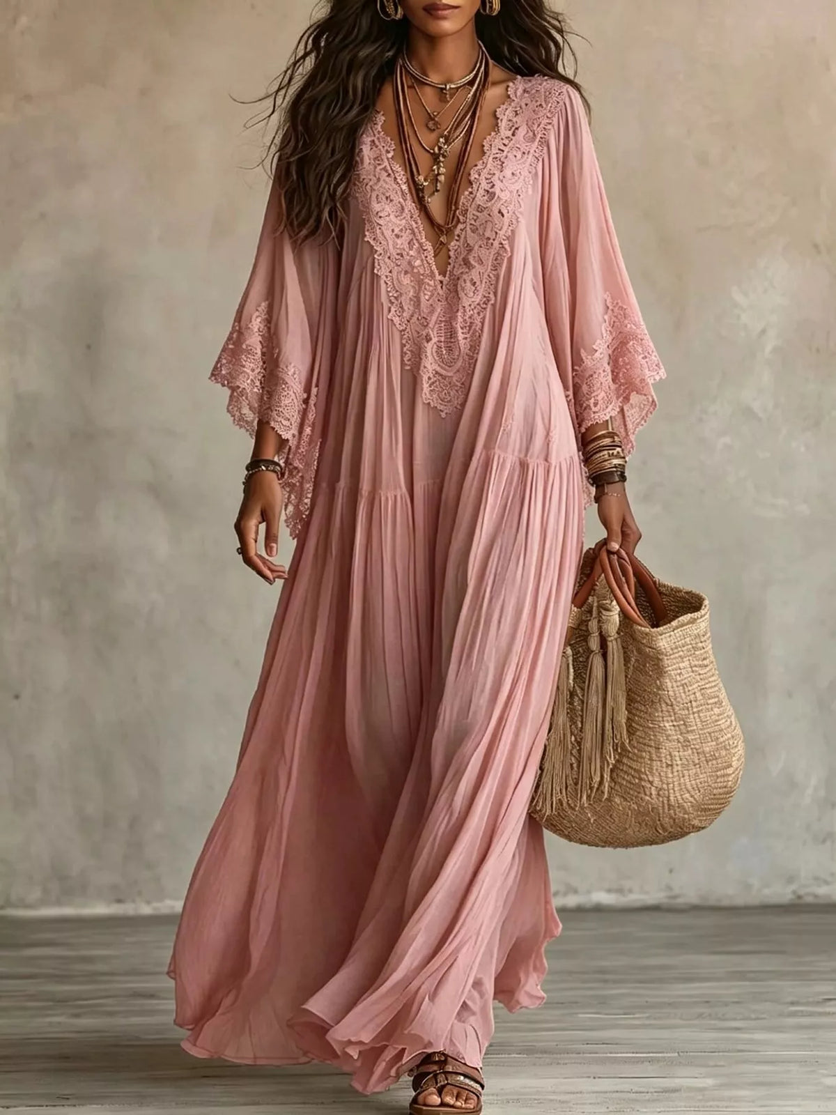 Lace Trim V-neck Maxi Dress (4)