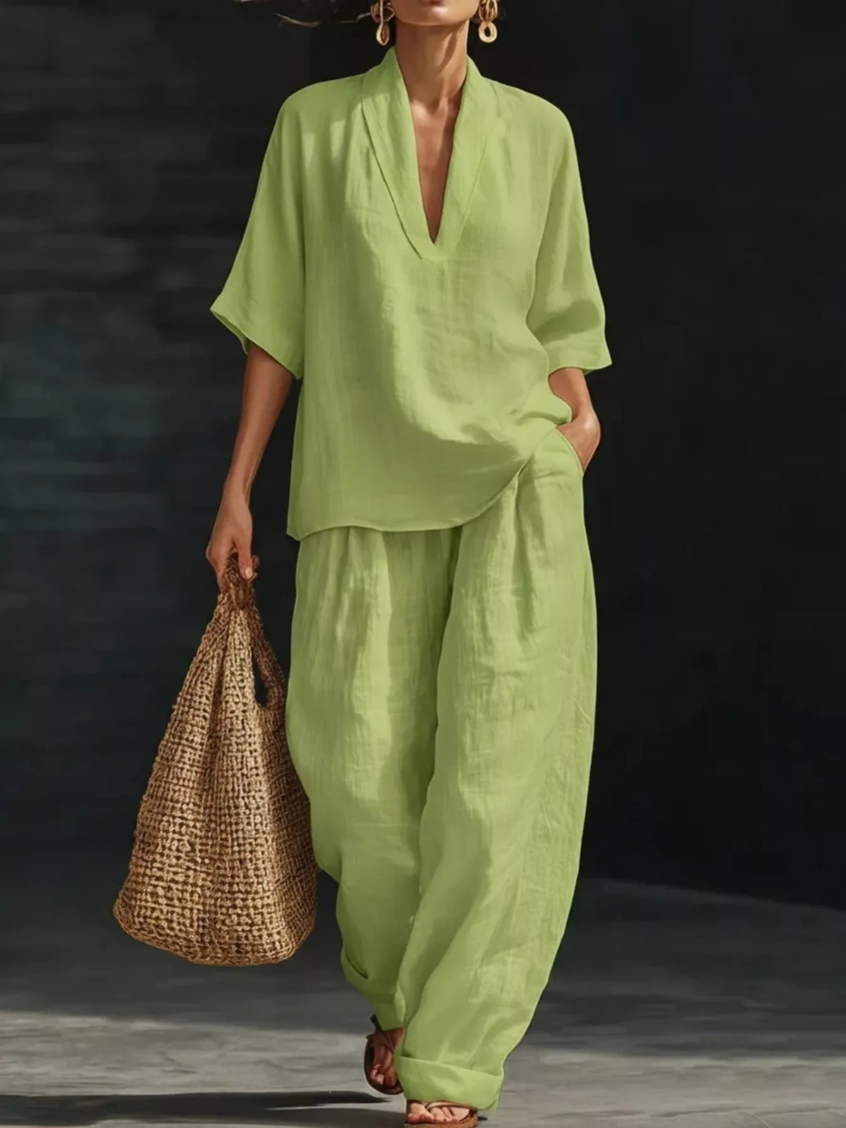 Full Size Half Sleeve Top Wide Leg Pants Set Plus (3)
