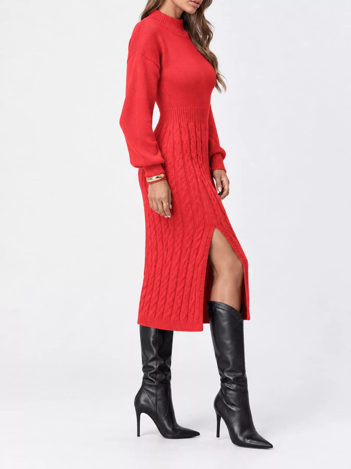 Full Size Mock Neck Cable Knit Sweater Dress Front Slit Plus (21)