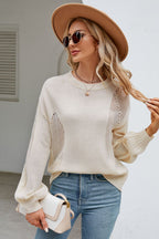 Openwork Round Neck Dropped Shoulder Knit Top (14)