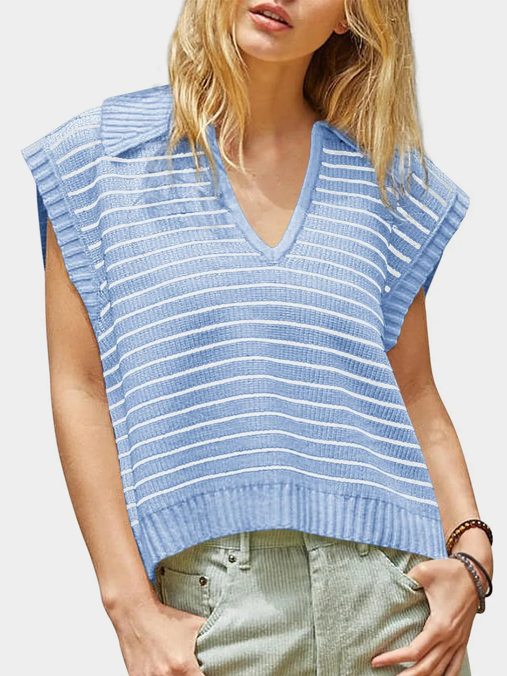 Collared Neck Striped Sweater Vest (20)