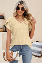Eyelet V-neck Petal Sleeve T-shirt (14)