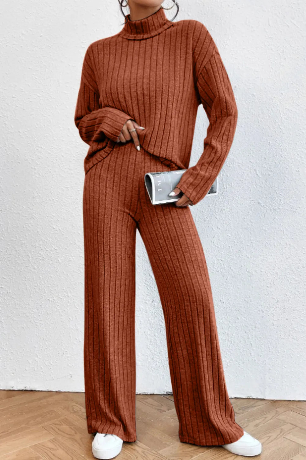 Mock Neck Dropped Shoulder Top Pants Set (27)