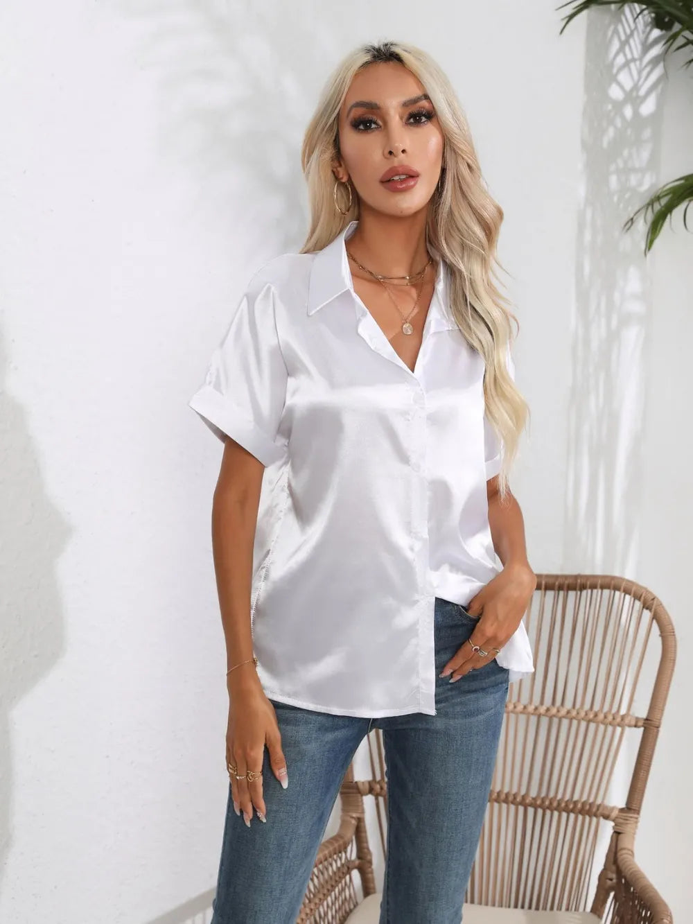 Button Down Collared Neck Short Sleeve Satin Shirt (7)