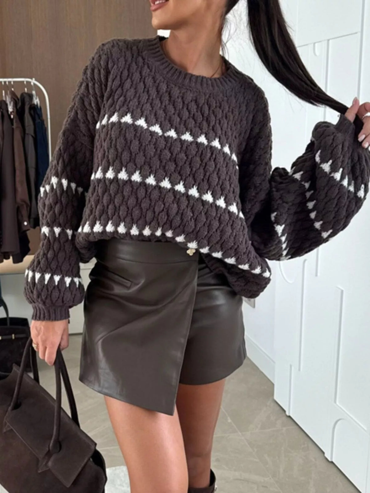 Chunky Knit Striped Sweater Balloon Sleeves (5)