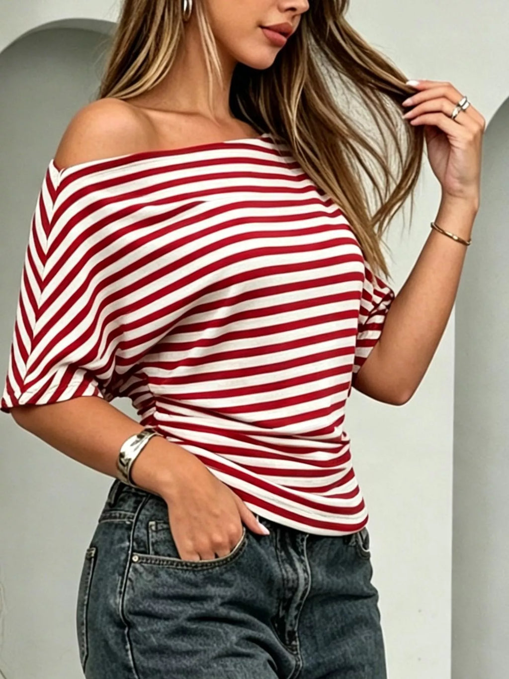 One Shoulder Striped Dolman Sleeve T-shirt (6)