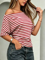 One Shoulder Striped Dolman Sleeve T-shirt (6)