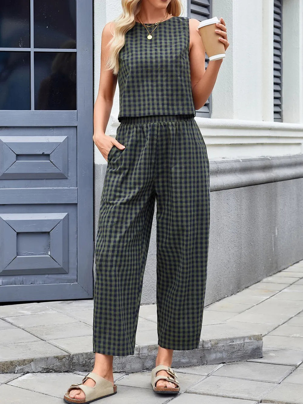 Plaid Round Neck Sleeveless Top Pants Set (18)