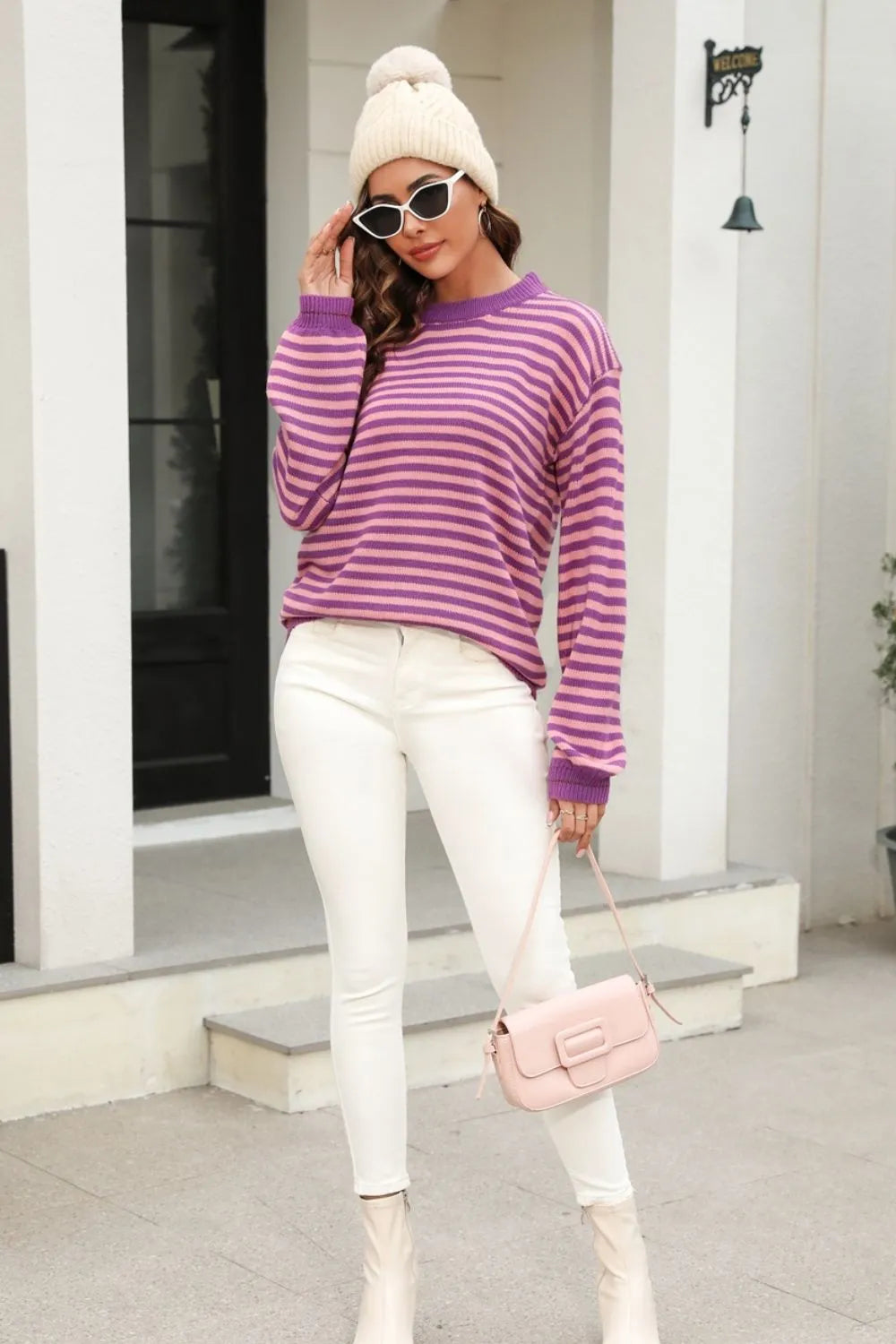 Striped Round Neck Dropped Shoulder Sweater (33)