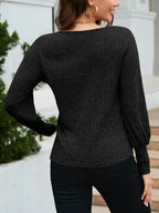 Ribbed Round Neck Lantern Sleeve Knit Top (6)