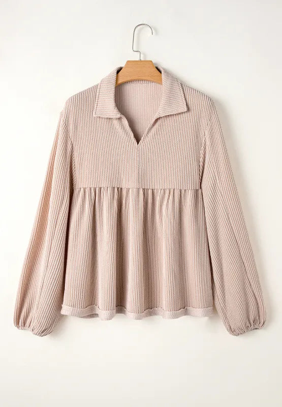 Corded Johnny Collar Long Sleeve Babydoll Blouse (21)