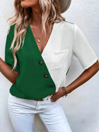 Decorative Button Surplice Short Sleeve Blouse (12)
