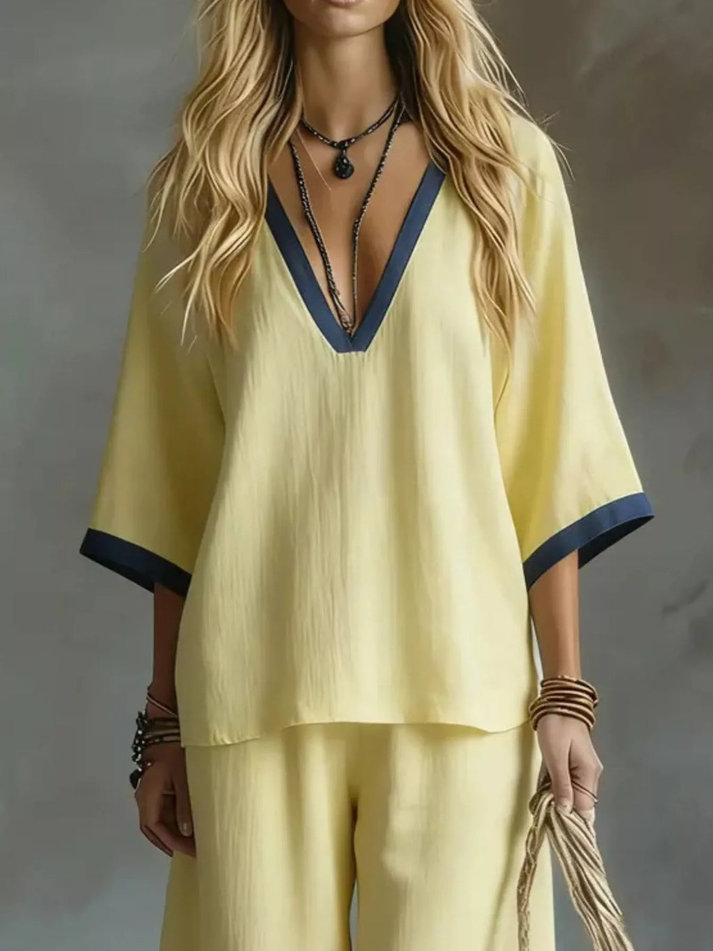 Contrast Trim V-neck Top Pants Set (10)
