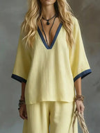 Contrast Trim V-neck Top Pants Set (10)