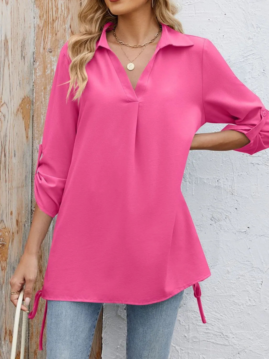 Drawstring Johnny Collared Three-quarter Sleeve Top (3)