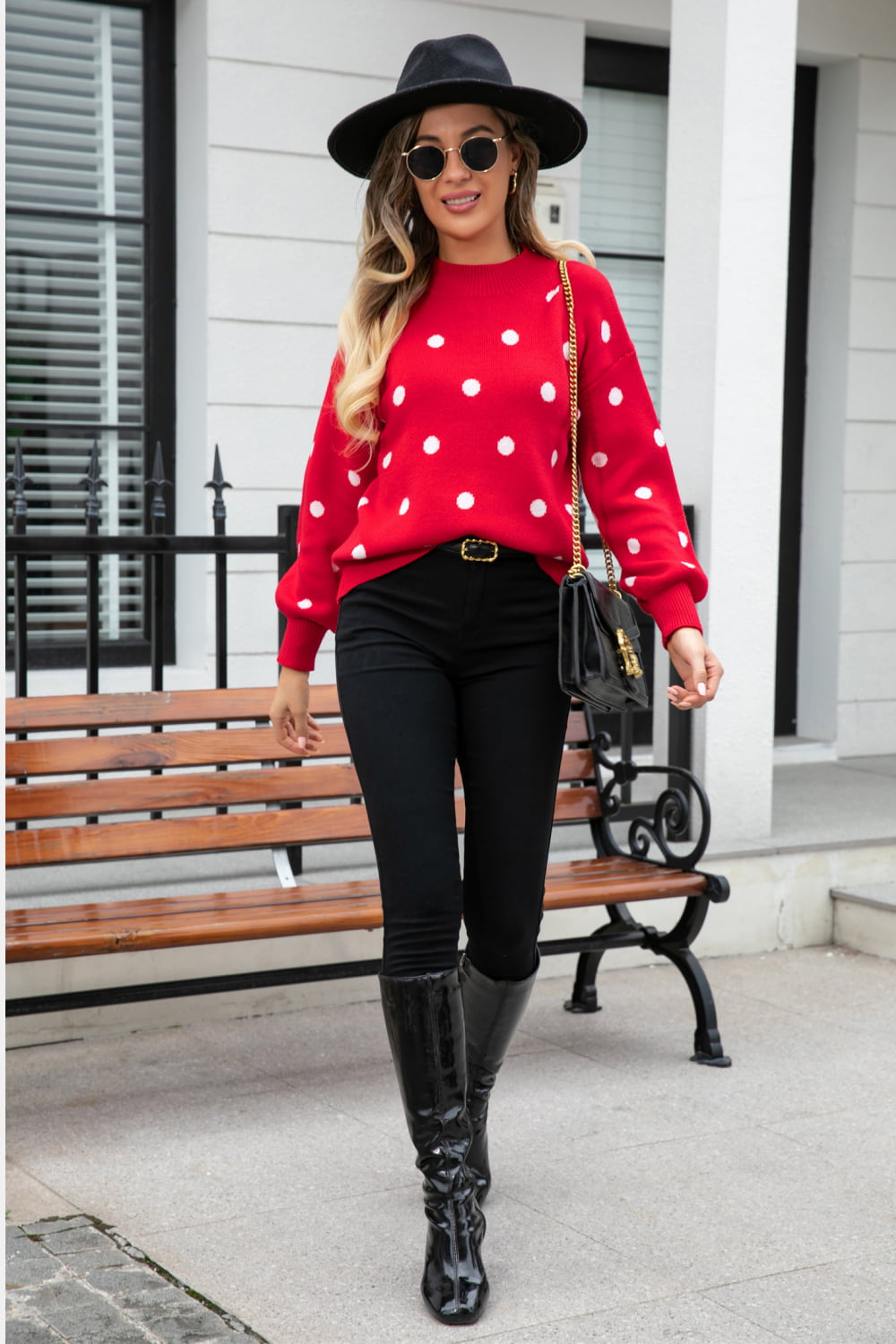 Woven Right Polka Dot Round Neck Dropped Shoulder Sweater (16)