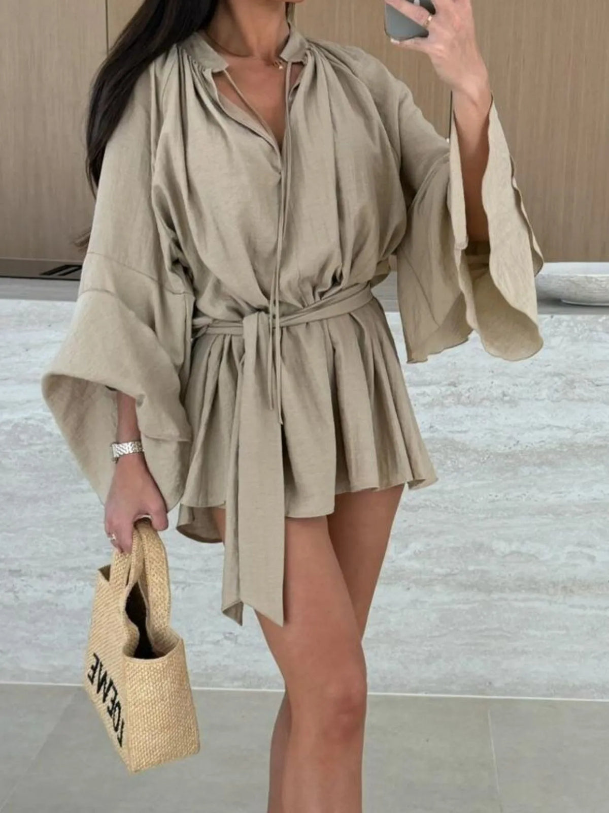 Bell Sleeve Tie Waist Mini Shirt Dress (14)