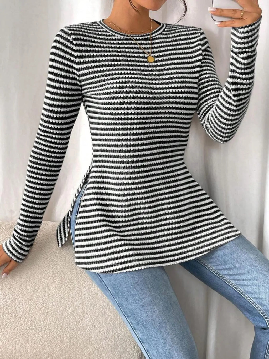 Side Slit Striped Long Sleeve T-shirt (16)