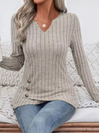 Ribbed Knit Notched Long Sleeve Top (9)