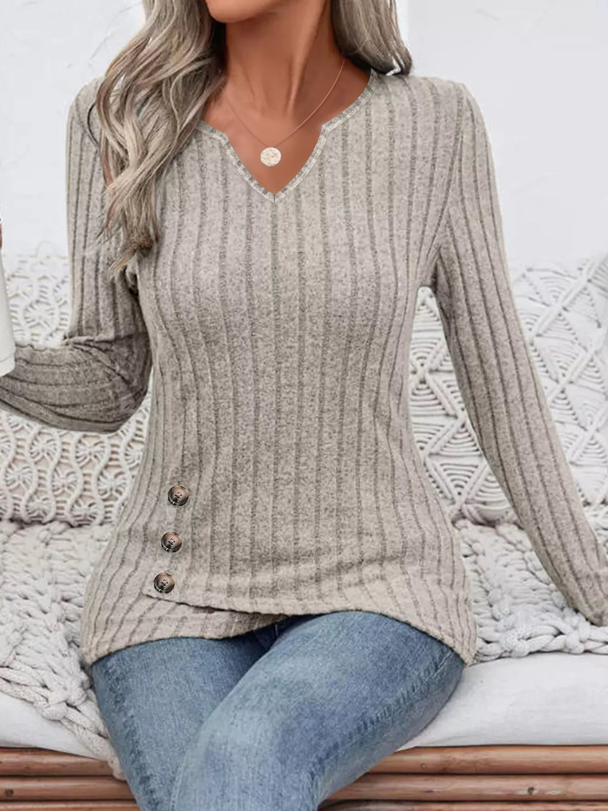 Ribbed Knit Notched Long Sleeve Top (9)