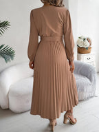 Pleated Tied V-neck Long Sleeve Dress (2)