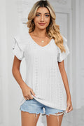 Eyelet V-neck Short Sleeve T-shirt (4)