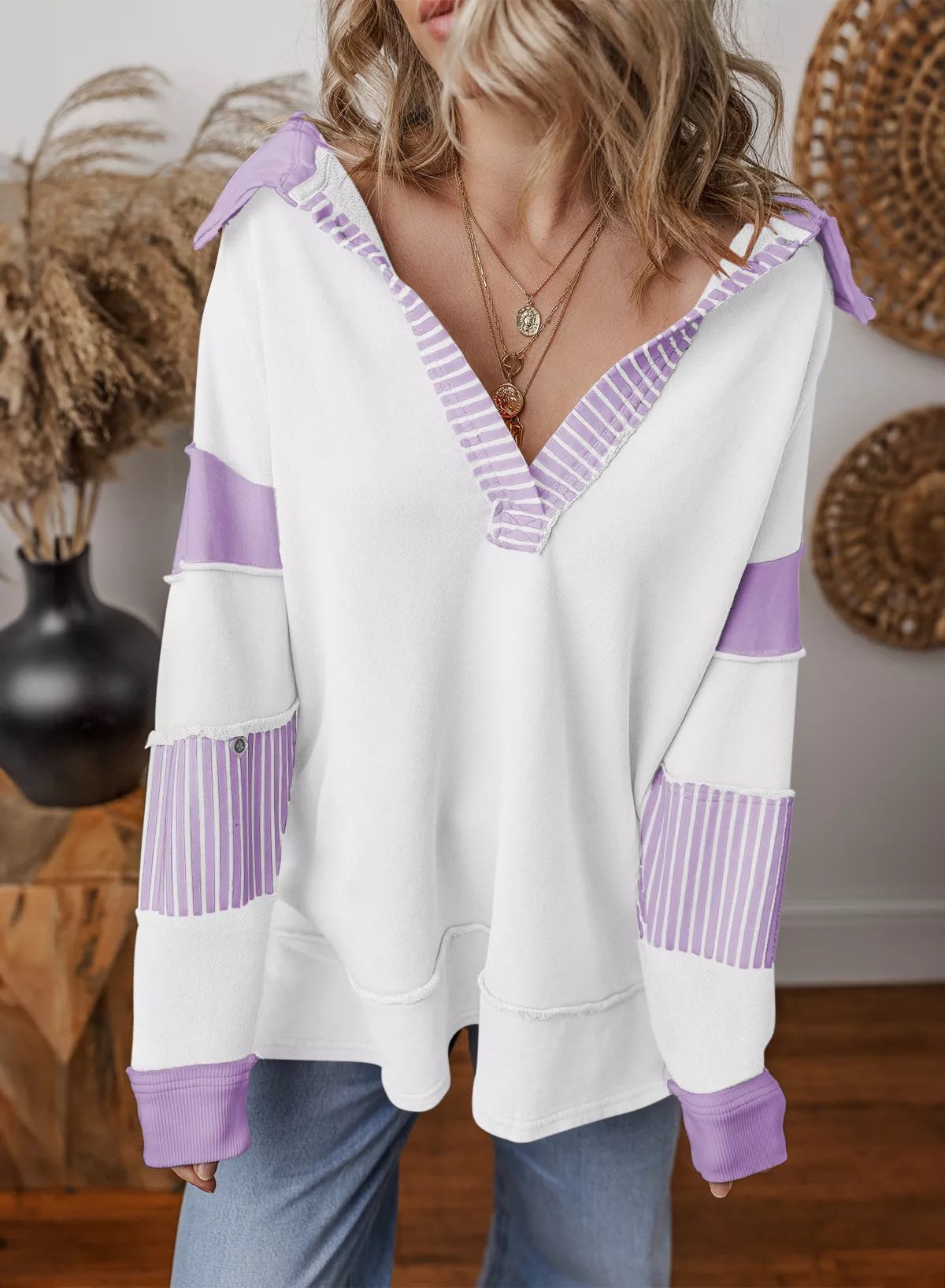 Block Striped Johnny Collar Sweatshirt (11)