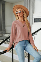 Decorative Button V-neck Long Sleeve T-shirt (11)