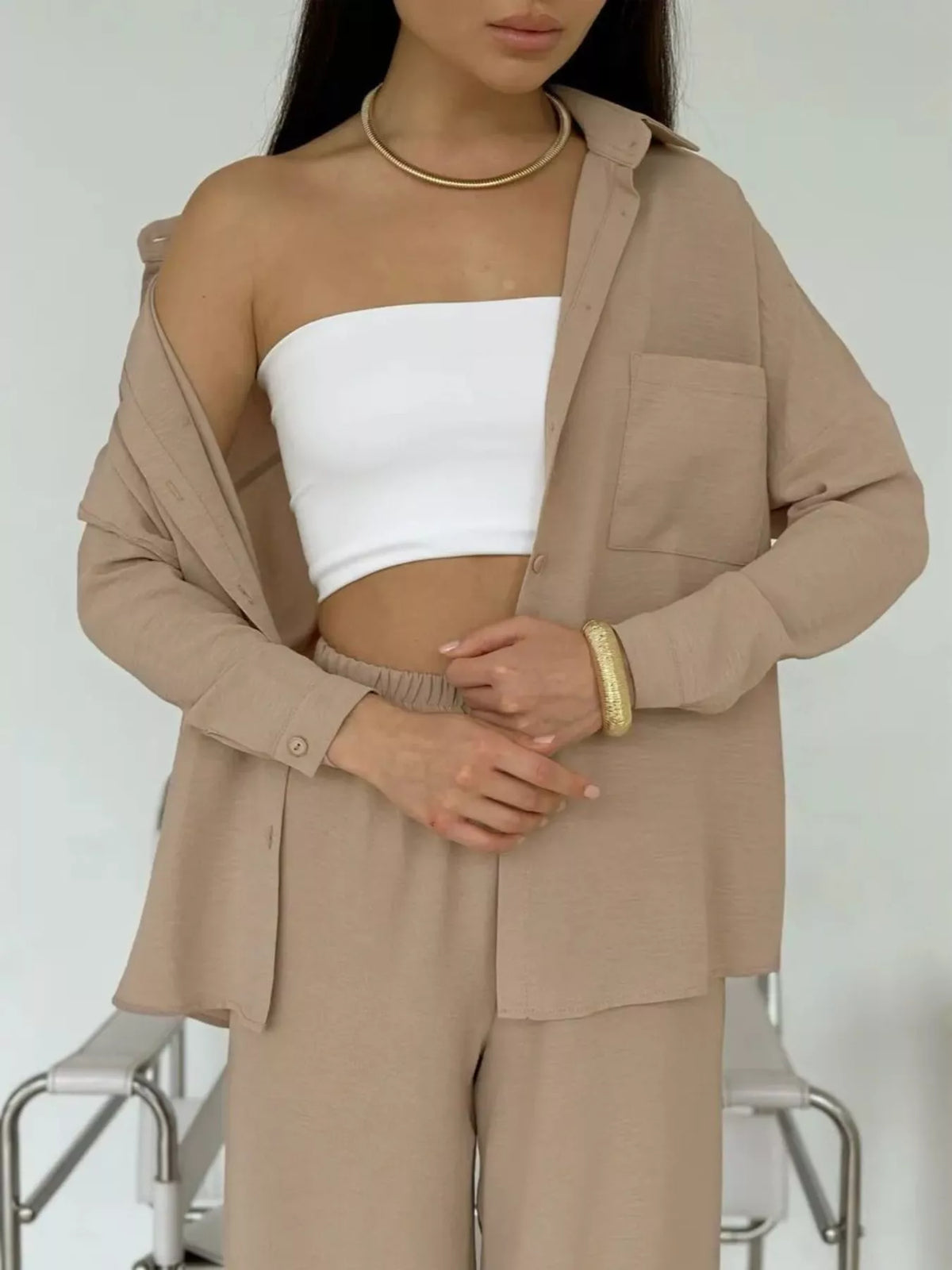 Relaxed Fit Shirt Wide Leg Pants Set (18)