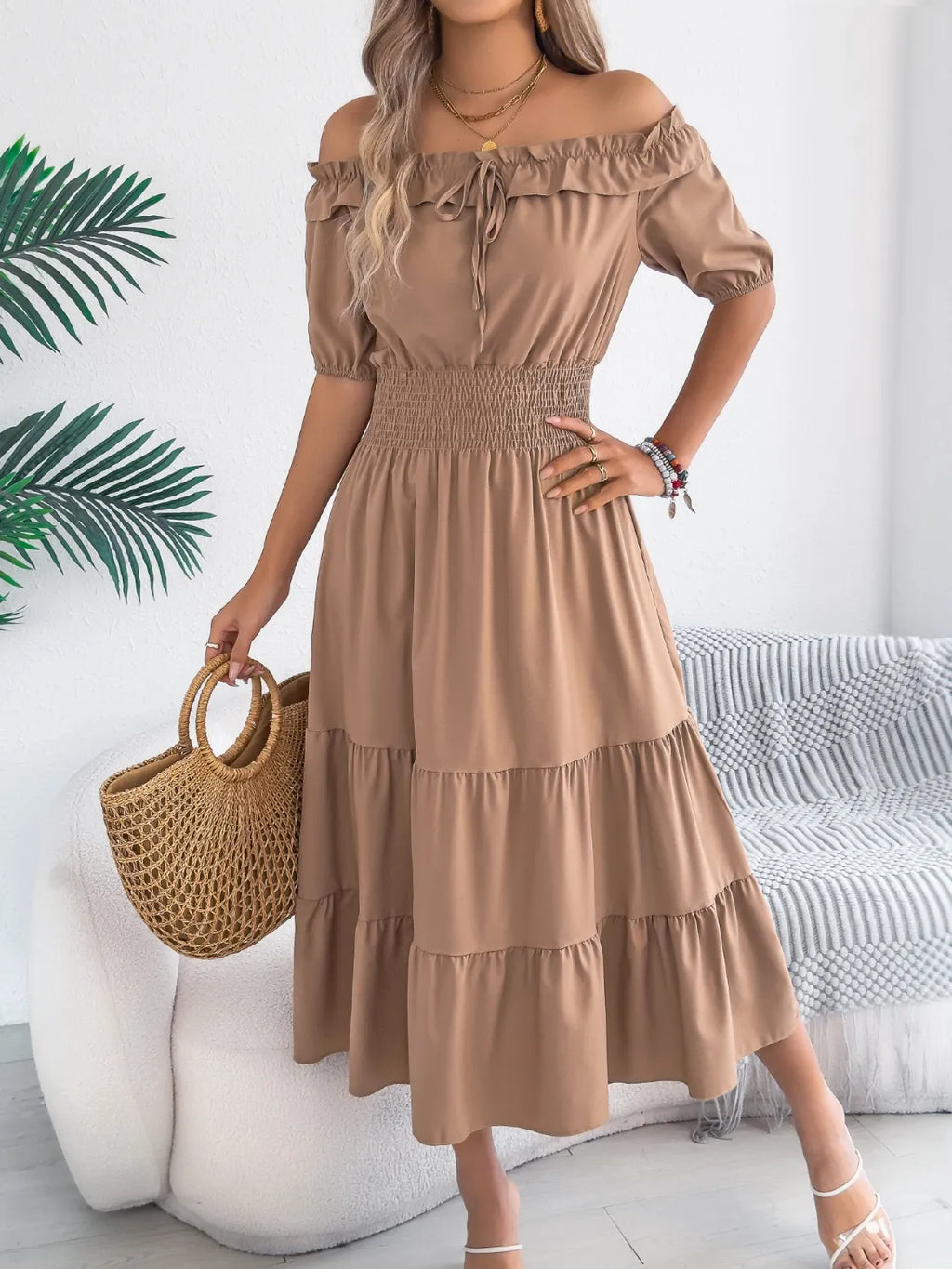 Smocked Off-shoulder Tiered Dress (12)