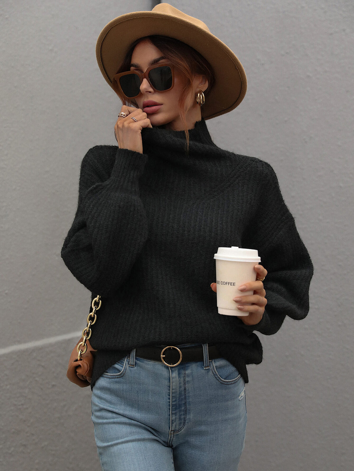 High Neck Balloon Sleeve Rib-knit Pullover Sweater (13)