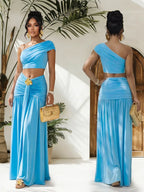 One-shoulder Top Ruched Maxi Skirt Set (6)